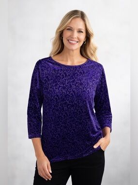 Adolfo Sport Velvet Burnout Top Tunic Slits Women Medium Purple Long Sleeve